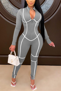Grey Fashion Casual Patchwork Patchwork Zipper Collar Skinny Jumpsuits