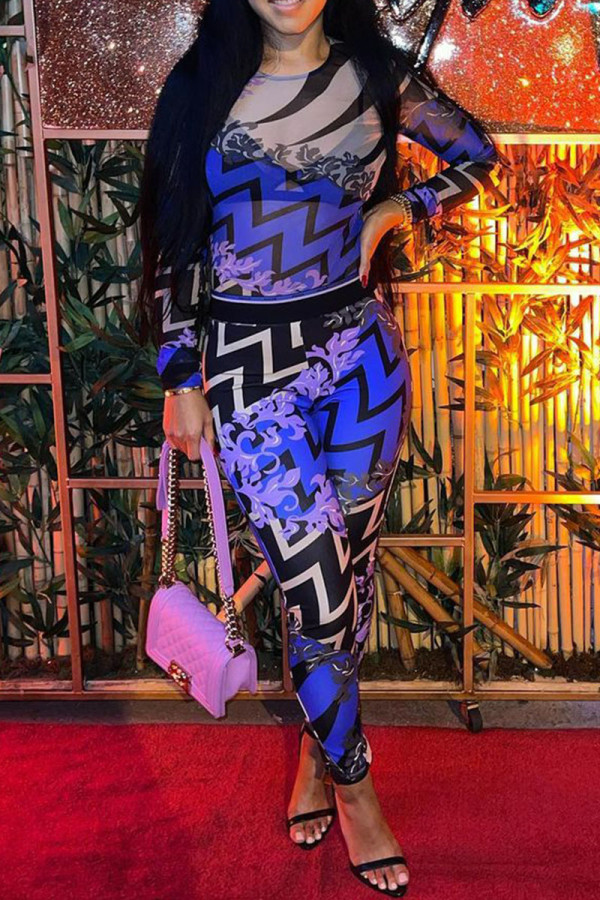 Blue Sexy Print Without Belt O Neck Regular Jumpsuits