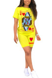 Yellow venetian Fashion Casual Print Two Piece Suits Straight Short Sleeve Two Pieces