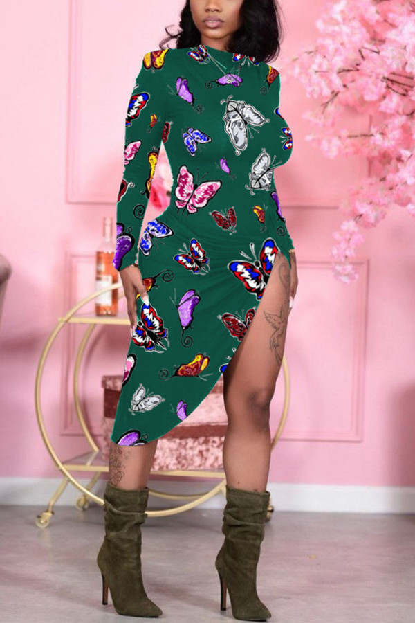 Green Sexy Print Butterfly Print Patchwork O Neck Pencil Skirt Dresses