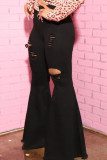 Black Sexy Solid Ripped High Waist Boot Cut Denim