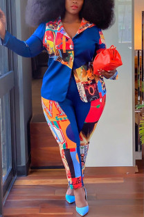 Blue Work Daily Print Patchwork Turndown Collar Plus Size 