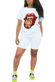 Black Fashion adult Ma'am Street Print Two Piece Suits Straight Short Sleeve Two Pieces