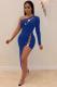 Navy Blue Sexy Fashion One Shoulder Long Sleeves one shoulder collar Asymmetrical Mini hollow out Pa