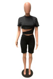 Black Fashion Casual Solid Hollowed Out O Neck Short Sleeve Two Pieces