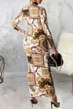 Multicolor Sexy Print Patchwork Zipper Collar Pencil Skirt Dresses