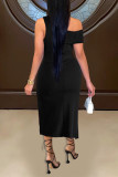 Black Fashion Sexy Solid Backless Asymmetrical Oblique Collar Sleeveless Dress