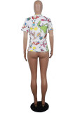 Blue White Blue Orange Yellow colour O Neck Short Sleeve Patchwork Print Character Tops