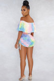Blue Sexy Fashion Print Ruffled Patchwork Short Sleeve one word collar 