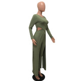 Army Green Elastic Fly Mid Hooded Out Split Skinny shorts Two-piece suit