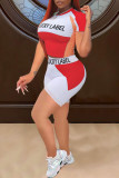 Red Sexy Casual Letter Print Patchwork O Neck Short Sleeve Two Pieces