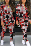 Red Fashion Casual adult Ma'am Print Two Piece Suits pencil Long Sleeve Two Pieces