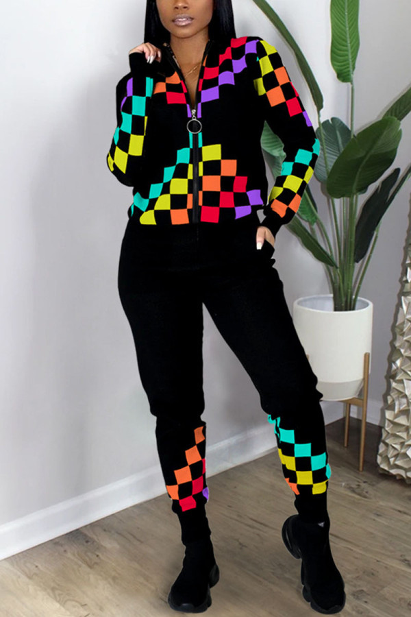 Black Sportswear Print Zipper Collar Long Sleeve Two Pieces