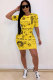 Yellow Sexy Cap Sleeve Short Sleeves O neck Step Skirt Mini Patchwork Print Club Dresses