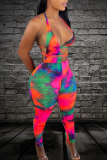 Colour Sexy Patchwork Tie-dye Spaghetti Strap Skinny Jumpsuits