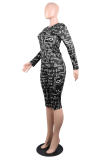 Black Casual Print Letter O Neck Long Sleeve Two Pieces
