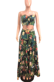 Green Casual Print Patchwork Strapless Sleeveless Two Pieces