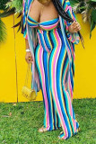 multicolor OL Striped Print Three-Piece Suits Straight Long Sleeve Two Pieces