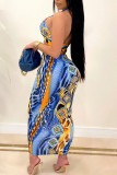 Blue Red Sexy Print Bandage Patchwork Frenulum Fold Halter Sleeveless Two Pieces