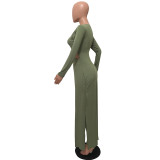 Army Green Elastic Fly Mid Hooded Out Split Skinny shorts Two-piece suit