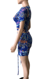 Blue Casual Print Draw String Turtleneck Short Sleeve Two Pieces