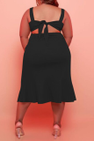 Tangerine Red Casual Solid Patchwork O Neck Trumpet Mermaid Plus Size Dresses