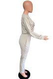 Grey Casual Letter Print Solid Straight Long Sleeve Two Pieces