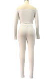 White Fashion Sexy Adult Solid Patchwork Bateau Neck Long Sleeve Regular Sleeve Short Two Pieces