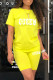 Yellow Casual Letter Patchwork O Neck Short Sleeve Two Pieces