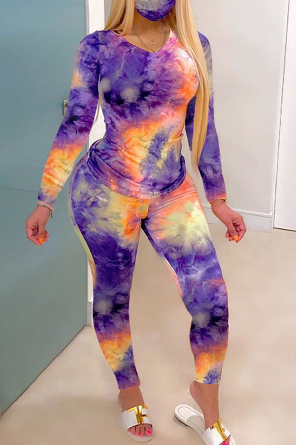purple Fashion Sexy Adult Print Patchwork Tie-dye O Neck Long Sleeve Regular Sleeve Regular Two Pieces