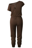Coffee Sexy Fashion Solid Patchwork Short Sleeve one shoulder collar Jumpsuits