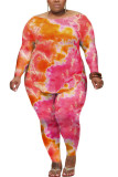 Pink Fashion Casual adult Ma'am O Neck Tie Dye Two Piece Suits Stitching Plus Size