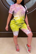 Yellow Fashion Casual adult Patchwork Print Tie Dye Gradient Two Piece Suits pencil Short Sleeve Two Pieces