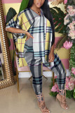 Yellow Milk Silk Fashion Casual adult Ma'am Plaid Print Two Piece Suits pencil Half Sleeve Two Pieces