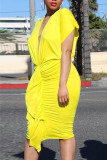 Yellow Fashion Casual Solid Fold V Neck Short Sleeve Dress