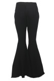 Black Denim Button Fly Sleeveless High Solid Patchwork Hole Boot Cut Pants 