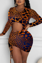 Orange Sexy Print Hollowed Out Patchwork Draw String Fold O Neck Pencil Skirt Dresses
