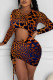 Orange Sexy Print Hollowed Out Patchwork Draw String Fold O Neck Pencil Skirt Dresses
