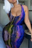 Red Fashion Sexy Print Tie Dye Slit U Neck Vest Dress