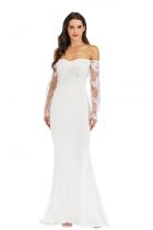 White Sexy Fashion adult Off The Shoulder Long Sleeves One word collar Mermaid Floor-Length Soli