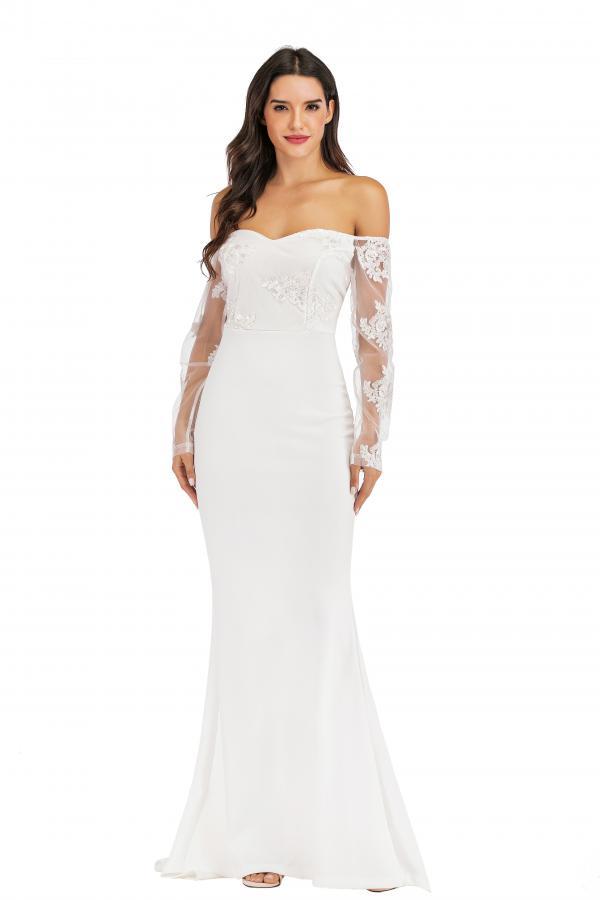 White Sexy Fashion adult Off The Shoulder Long Sleeves One word collar Mermaid Floor-Length Soli