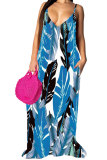 Blue Fashion Casual adult Red Blue Yellow Spaghetti Strap Sleeveless V Neck Swagger Floor-Length Print Patchwork Dresses