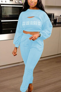 Light Blue Sexy Print O Neck Long Sleeve Regular Sleeve Two Pieces