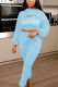 Light Blue Sexy Print O Neck Long Sleeve Regular Sleeve Two Pieces