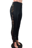 Wine Red Street Solid Tassel Regular Bottoms