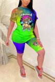 Yellow Fashion Casual adult Patchwork Print Character Two Piece Suits Straight Short Sleeve Two Pieces