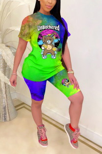Green Fashion Casual adult Patchwork Print Character Two Piece Suits Straight Short Sleeve Two Pieces