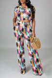 White Sexy Print Patchwork O Neck Short Sleeve Two Pieces