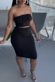Black Sexy Solid Patchwork Strapless Sleeveless Two Pieces