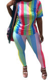 Black yellow Fashion Casual adult Striped Patchwork Print contrast color Two Piece Suits pencil Short Sleeve Two Pieces